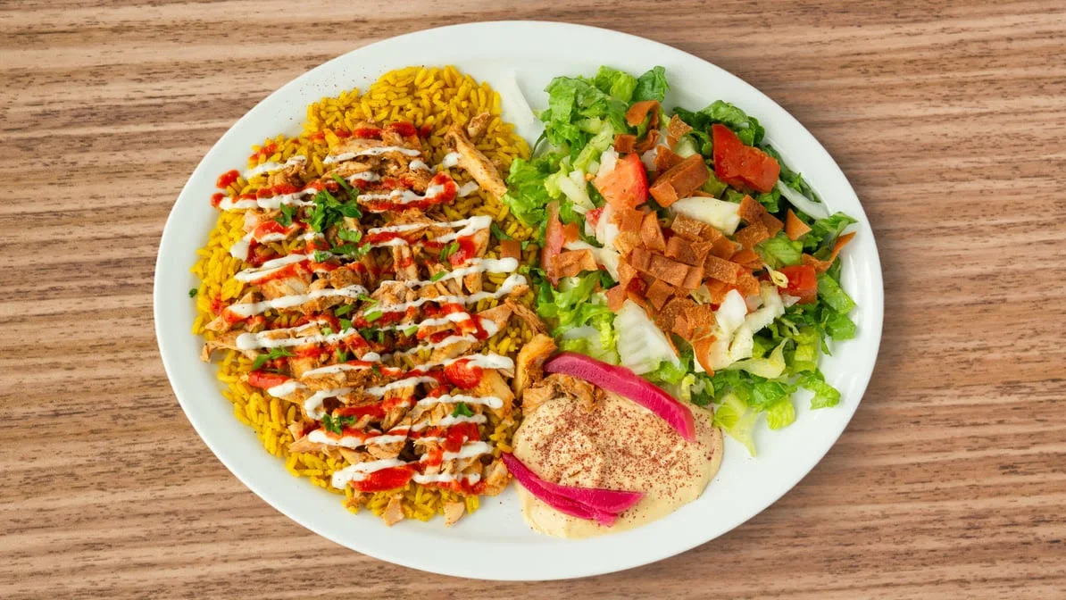 Half & Half Shawarma Platter - salad and rice with shawarma